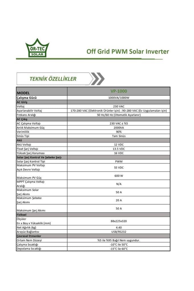 ORTEC SOLAR 12V 1KW PWM AKILLI İNVERTER